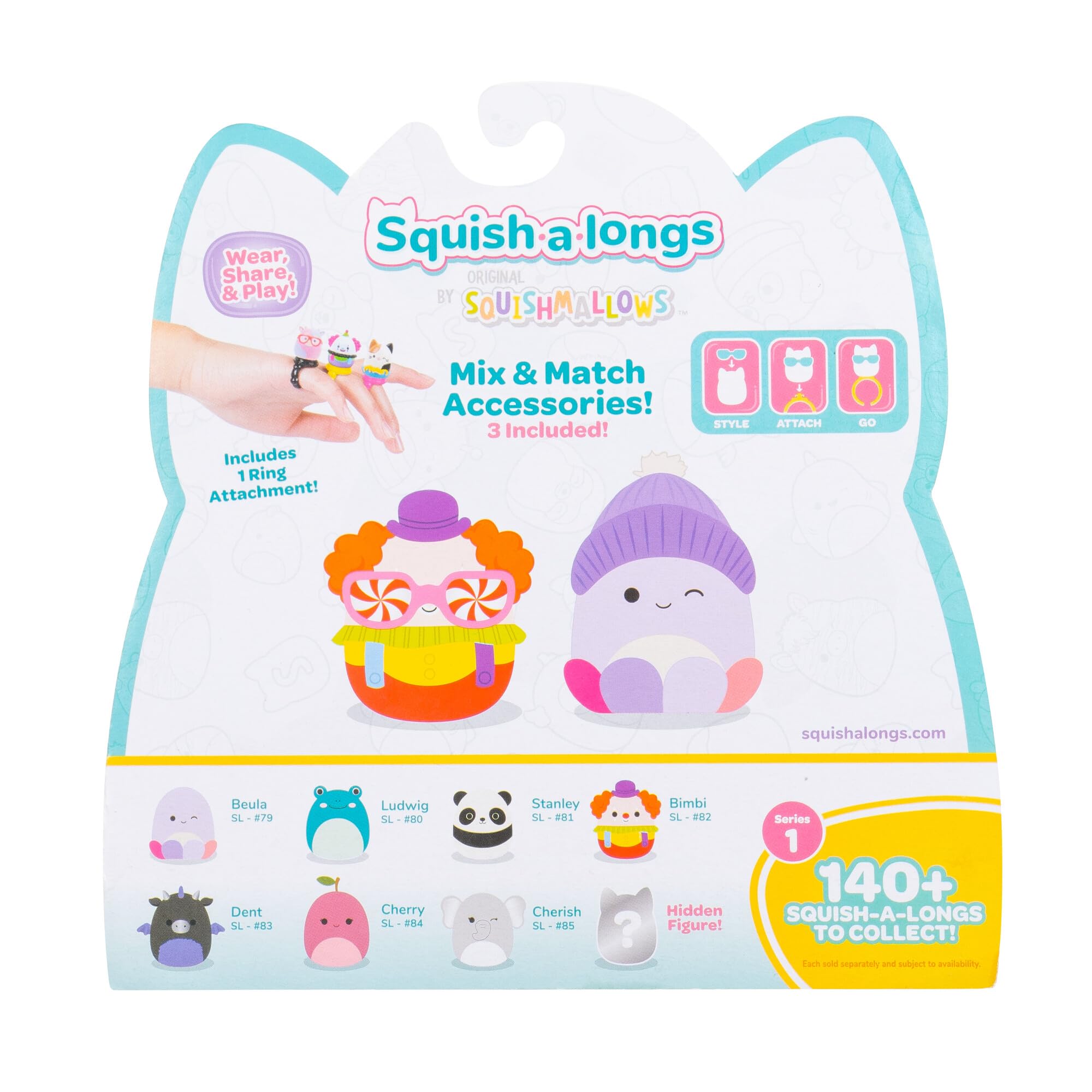 Squish-a-longs Zestaw 8 sztuk – 2,5 cm Mini-Squish z 2 akcesoriami, 1 pierścieniem i przewodnikiem kolekcjonerskim – zbieraj, wymieniaj i graj