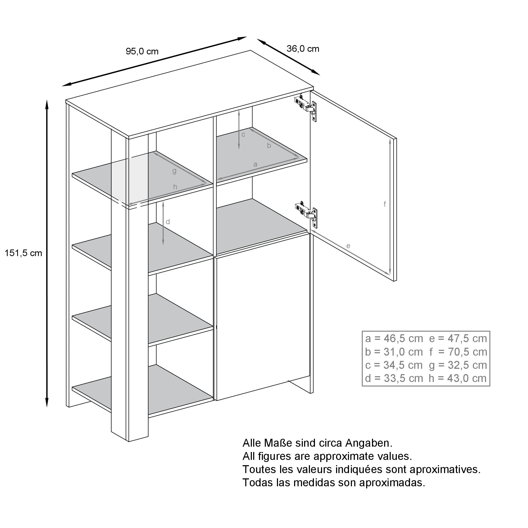Vladon Highboard Canto, Made in Germany, hoher Schrank mit 2 Türen und 8 Fächern, Korpus Weiß matt, Fronten Weiß Hochglanz, Dekor-Paneele Eiche Ribbeck (95 x 151,5 x 36 cm)