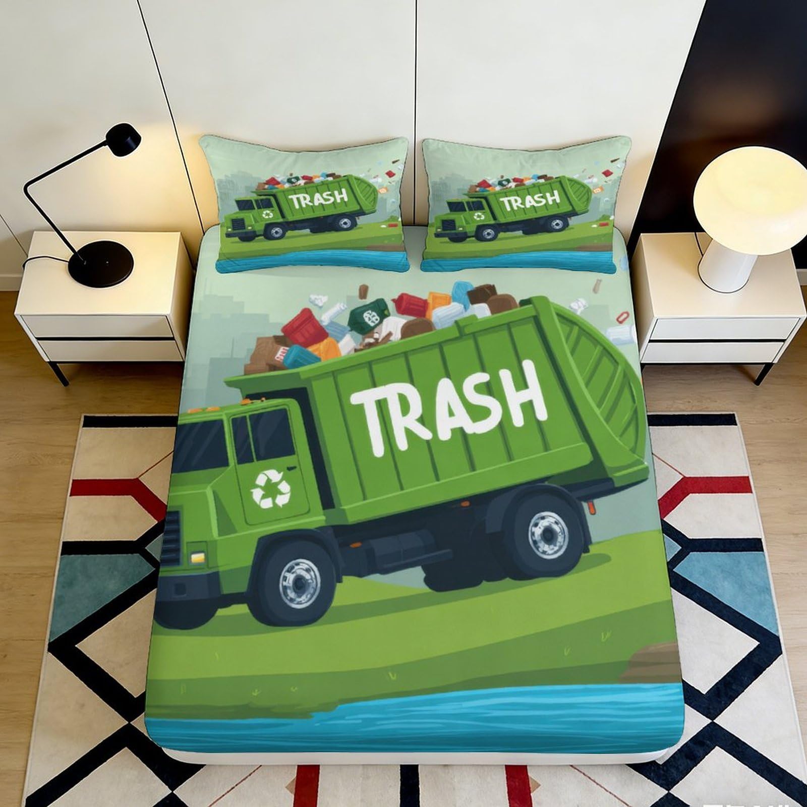 3D Printed Eco Garbage Truck Fitted Sheet Microfiber Deep Pocket Non-Slip Bedroom Bedding Garbage Truck Mattress Fitted Cover for Adults Teens 180x200x25cm