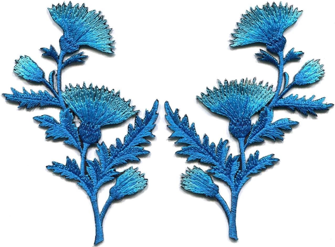 Blue Carnation Spray Thistle Pair Flowers Floral Applique Iron-On Patches