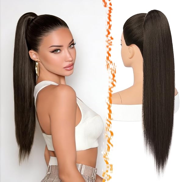 BARSDAR Liso Coleta Postiza Extensiones Pelo, 40cm Corta Liso Marrón Oscuro Cola de Caballo Extension con Cordón Natural Sintética Cheer Posh Ponytail Extensiones Postizos Fiestas Cheer Competition - 1