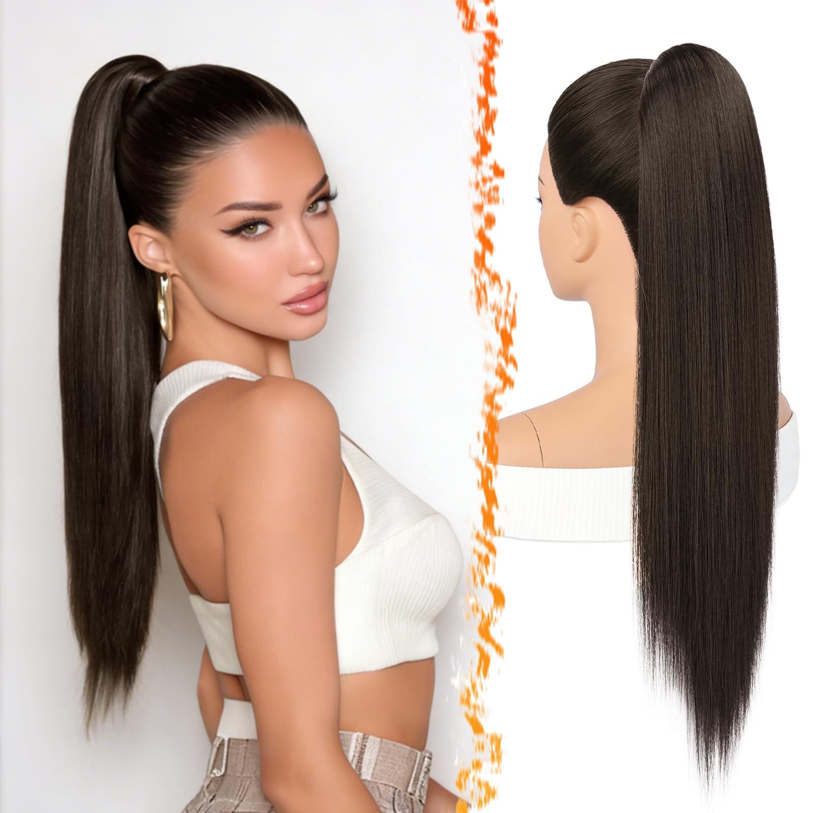 BARSDAR Liso Coleta Postiza Extensiones Pelo, 40cm Corta Liso Marrón Oscuro Cola de Caballo Extension con Cordón Natural Sintética Cheer Posh Ponytail Extensiones Postizos Fiestas Cheer Competition