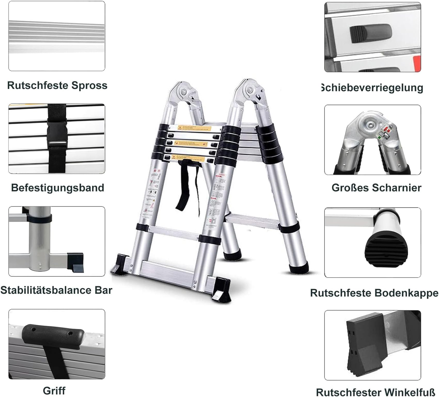 Teleskopleiter 3,8m Klappbar Aluleiter mit Stabilisator, EN131 Multifunktionsleiter Klappleiter Rutschfester Ausziehleiter, 150 kg Belastbarkeit Leiter für Garten Innen