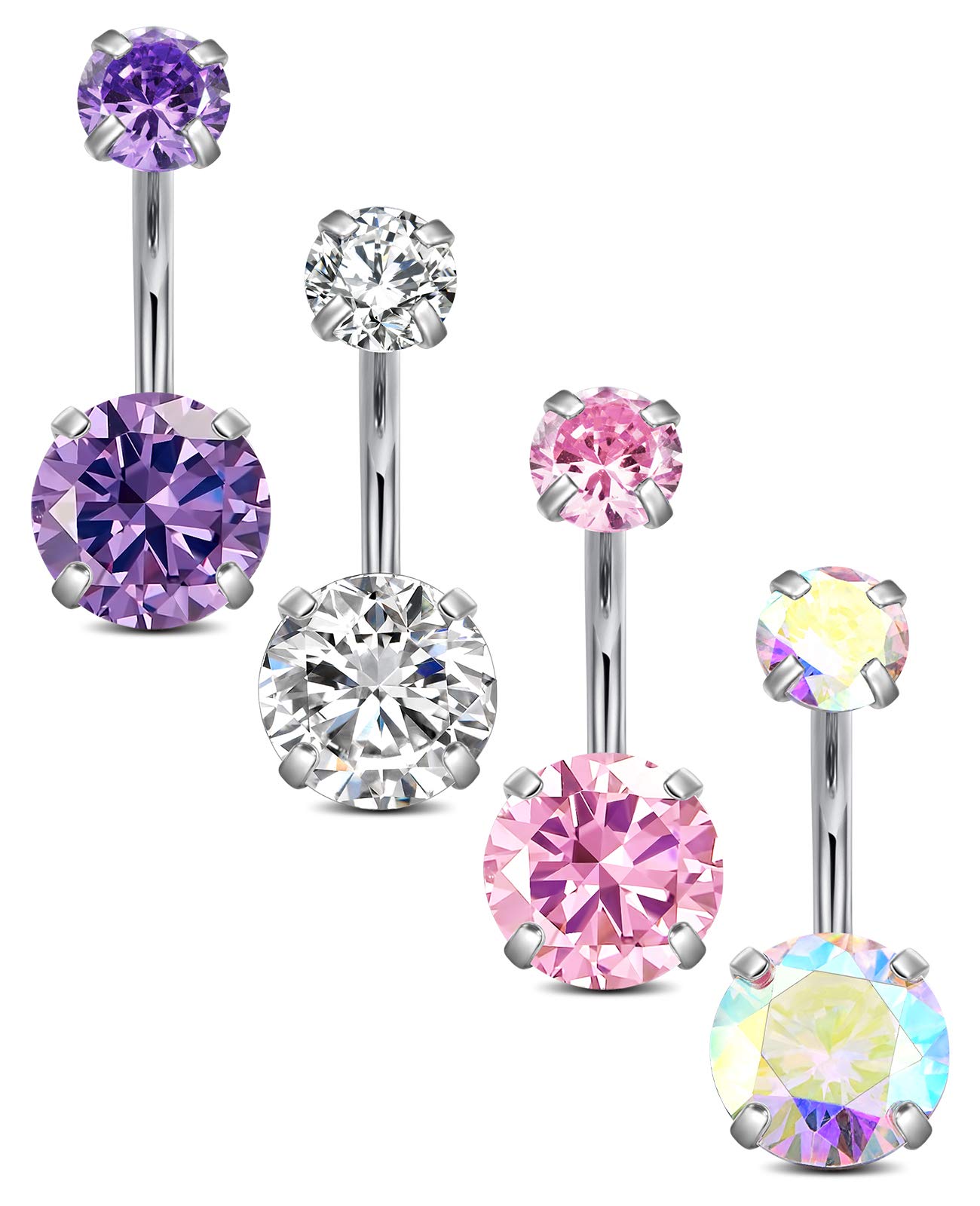 Vcmart 4er piercing ombligo acero quirúrgico 6/8/10/12mm 14G piercing ombligo circonitas plata rosa violeta