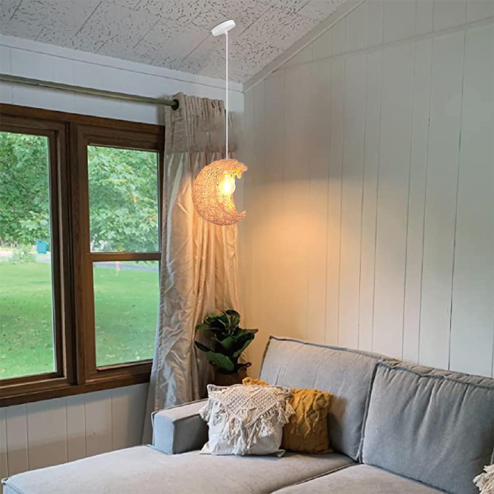 iDEGU - Lámpara de Techo Retro y Moderna de Ratán y Madera, Estilo Vintage E27 Para Habitación Infantil, Salón, Cafetería