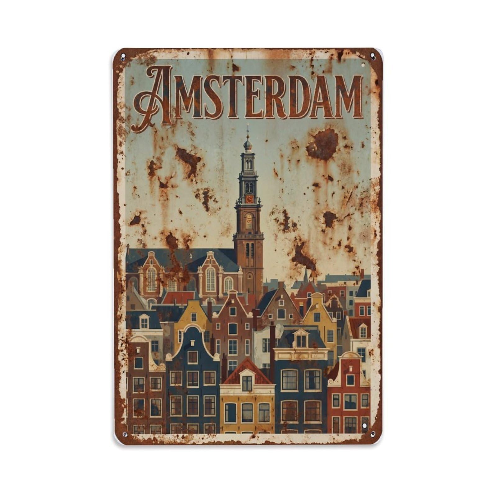 Vintage Travel Belltower Netherlands Church Metal Tin Sign Plaque Wall Decor for Cafe, Club Bar, Office, Home Garden Metal Poster 8x12Inch