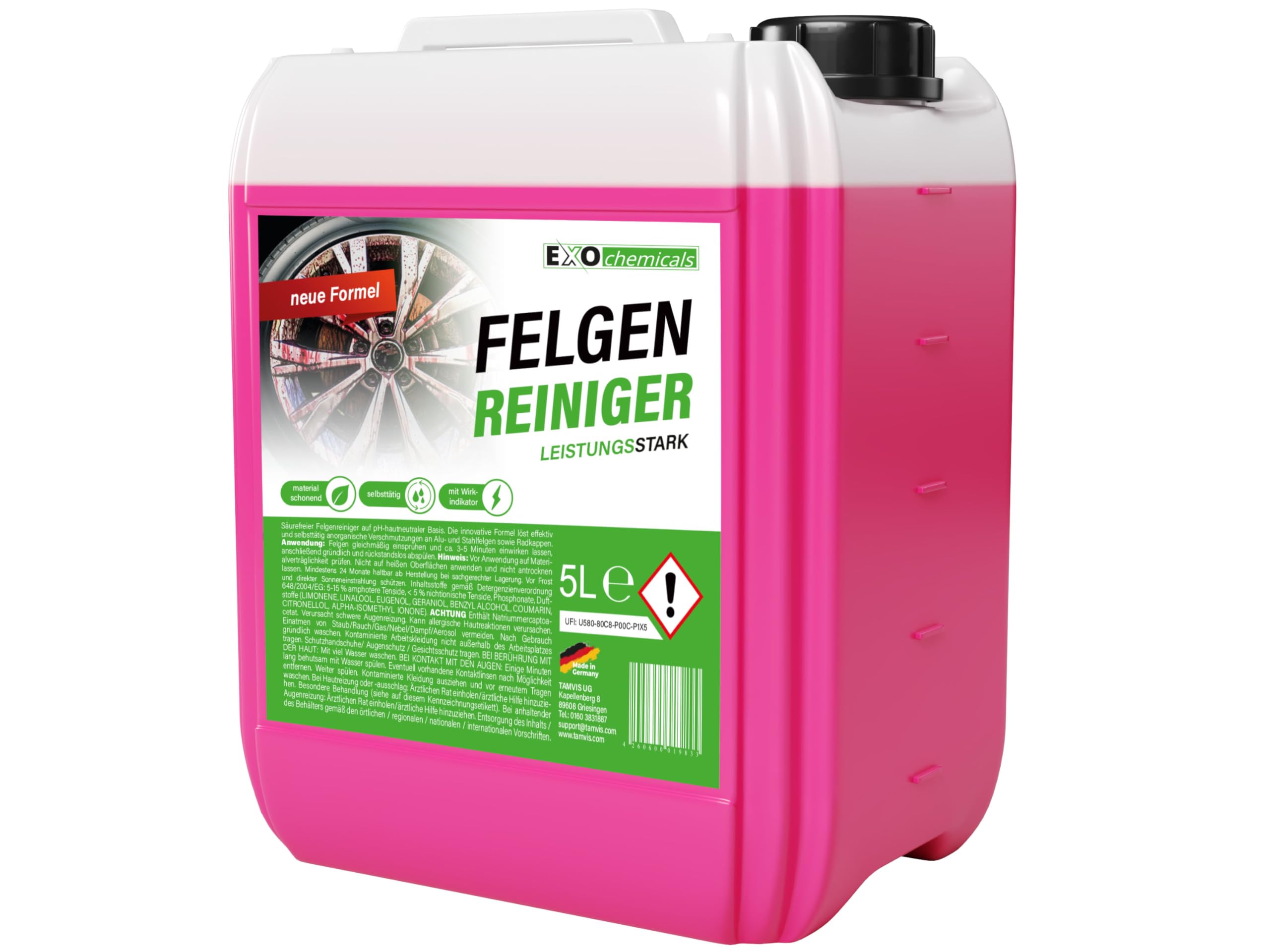 EXO Felgenreiniger 5L Original | Bremsstaub Entferner selbsttätig | pH-hautneutral & säurefrei | mit Wirkindikator | für alle Felgentypen | Alu Stahl Chrom