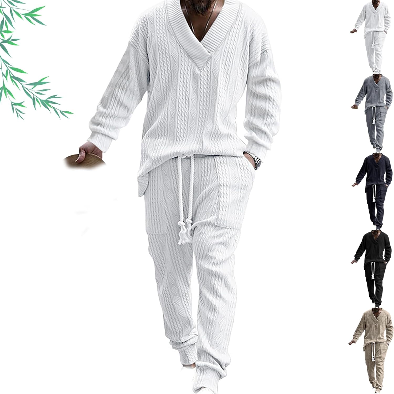 Athleisure Cable Jacquard Set Men, Men's Tracksuits V-Neck Long Sleeve Tops and Drawstring Jogging Suits 2 Piece Set