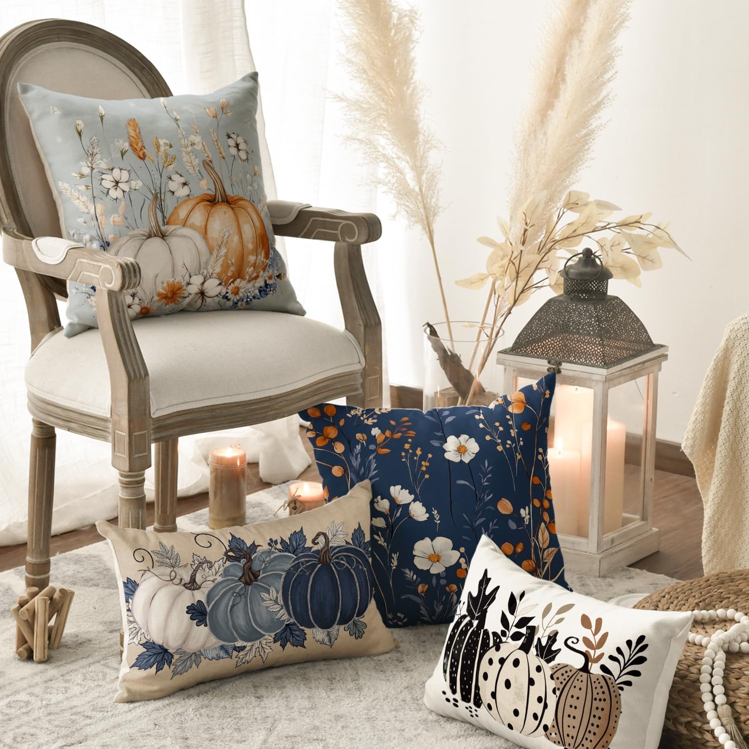 AVOIN colorlife Fall Pumpkin Flower Blue Pillow Covers 18x18 Inch Set of 4 image 4