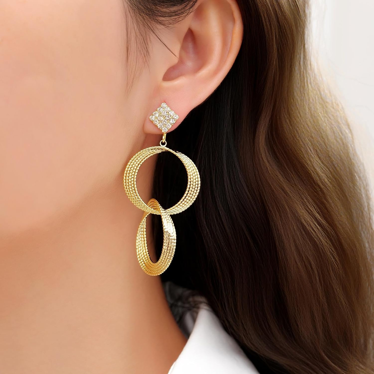 Luxury Gold Drop Earrings Crystal Rhinestone Diamond Stud Double Circle Dangle for Any Party or Festival,1pair/pack