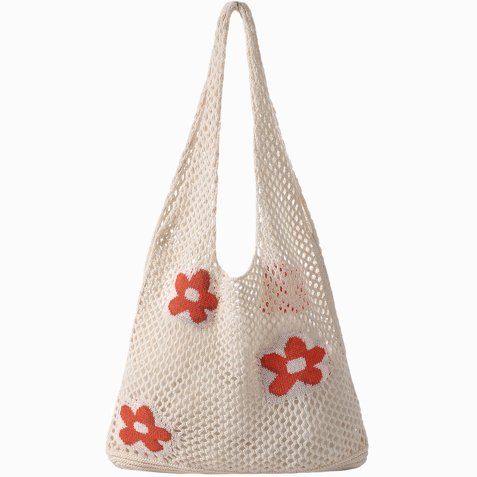 Premillow Crochet Beach Bags For Women, Stylish Beach Tote Summer Vacation Mesh Vintage Tote Bag Aesthetic Boho Bag for Girls, Beige-Flower