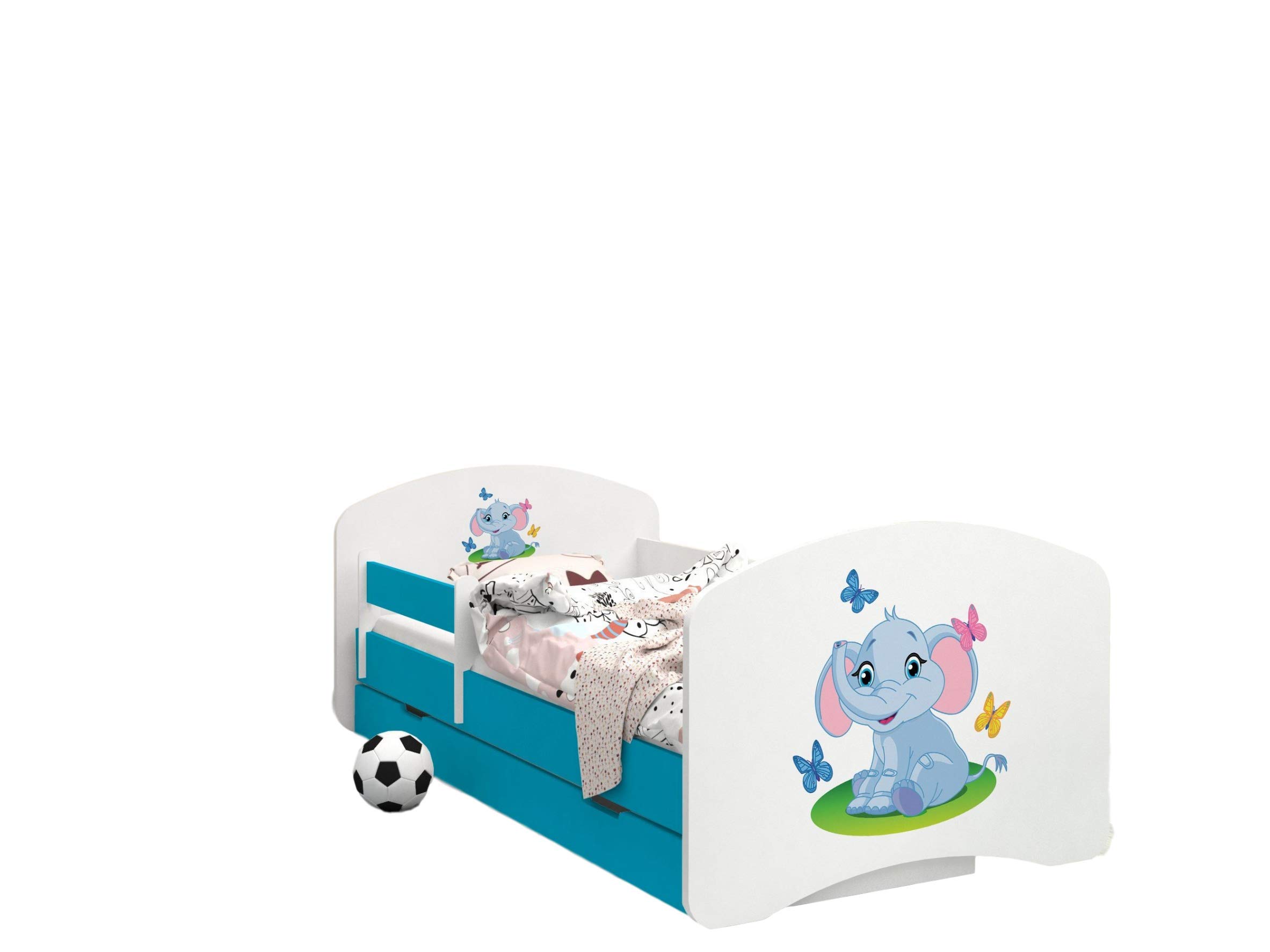 HappyBabies - Dwustronne łóżko dziecięce z szufladą, nowoczesne wzornictwo, z bezpiecznymi krawędziami i zabezpieczeniem przed upadkiem, materac piankowy 7 cm, niebieski (słoń, 180 x 90 cm)