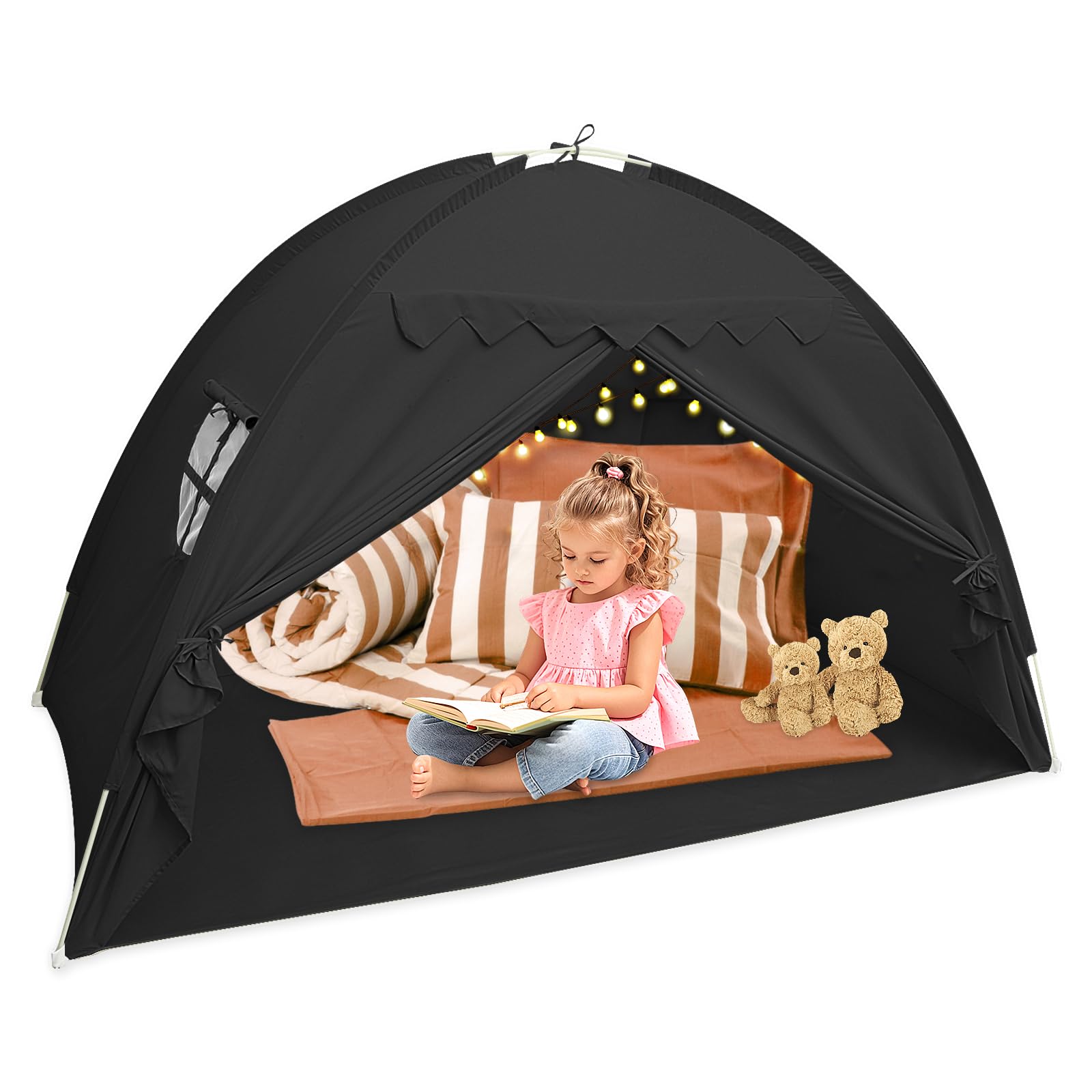 Kinder Bettzelt 196x98x125cm Kinderzelt mit Fenstern Bett Baldachin Zelt Vielseitig Robust Groß Spielzelt Kinder für Bett Schlafzimmer Kinderzimmer Drinnen Draußen (schwarz)