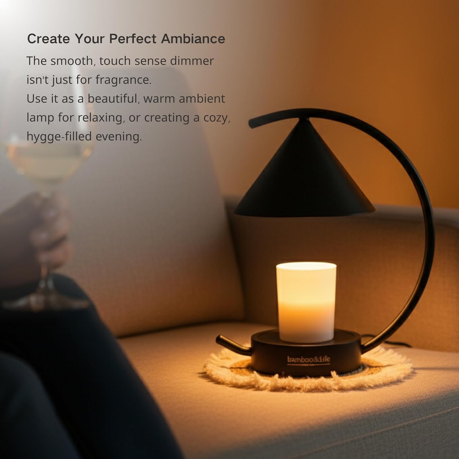 Bamboo&Life®Moonlit Candle Warmer,2-in-1 mode for Jar Candles&Wax Melts,5-Pc Gift Set incl. Fringe Mat&Wax Dish,Authentic Japan Design,Touch Dimmer,UL&ETL Certified,US Brand,Birthday&Housewarming Gift