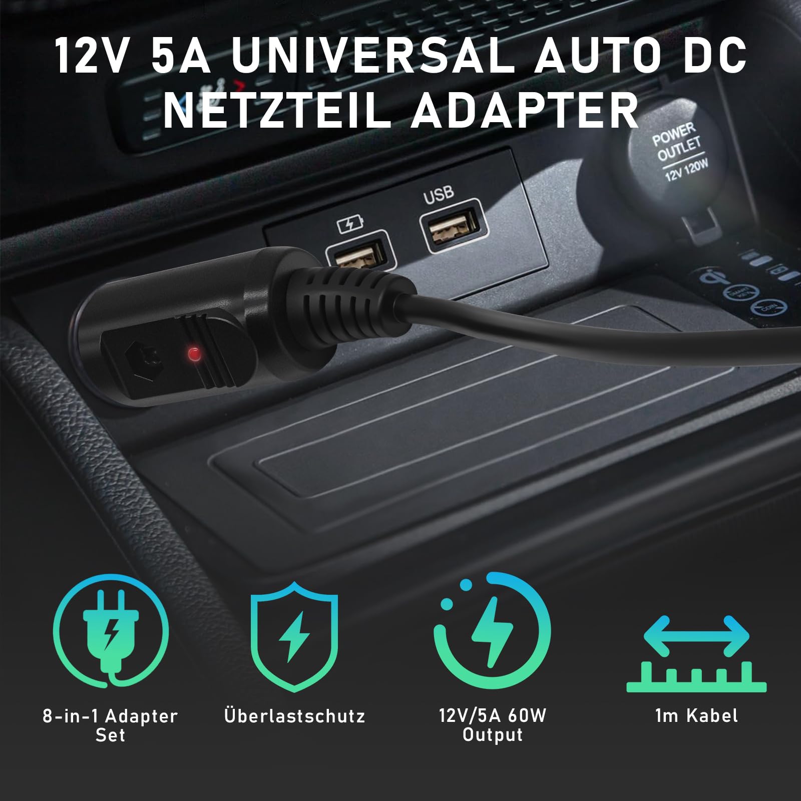 Adattatore universale per auto DC da 12 V, 5 A, 5,5 x 2,5 mm, cavo USB da 1 m, con 8 connettori, adattatore cavo per accendisigari da auto, compatibile con lettore DVD, GPS, tablet