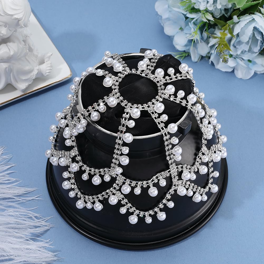 GORGECRAFT Diadema de Malla con Perlas Y Cadena para la Cabeza con Diamantes de Imitación Tocado de Perlas para Boda Estilo Bohemio de Aleación de Plata con Cristales Brillantes para Boda Graduación