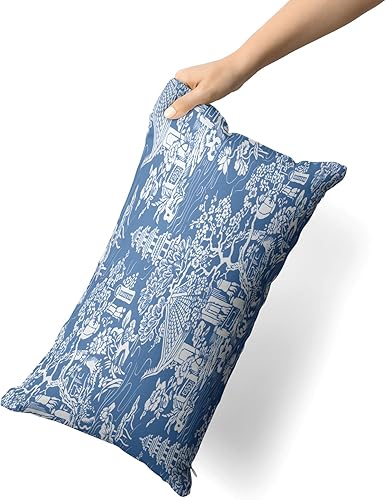 Miniatura 3 de Snycler Chinoiserie - Juego de 2 fundas de almohada azules y blancas para exteriores, fundas de almohada chinas de construcción antigua de algodón,