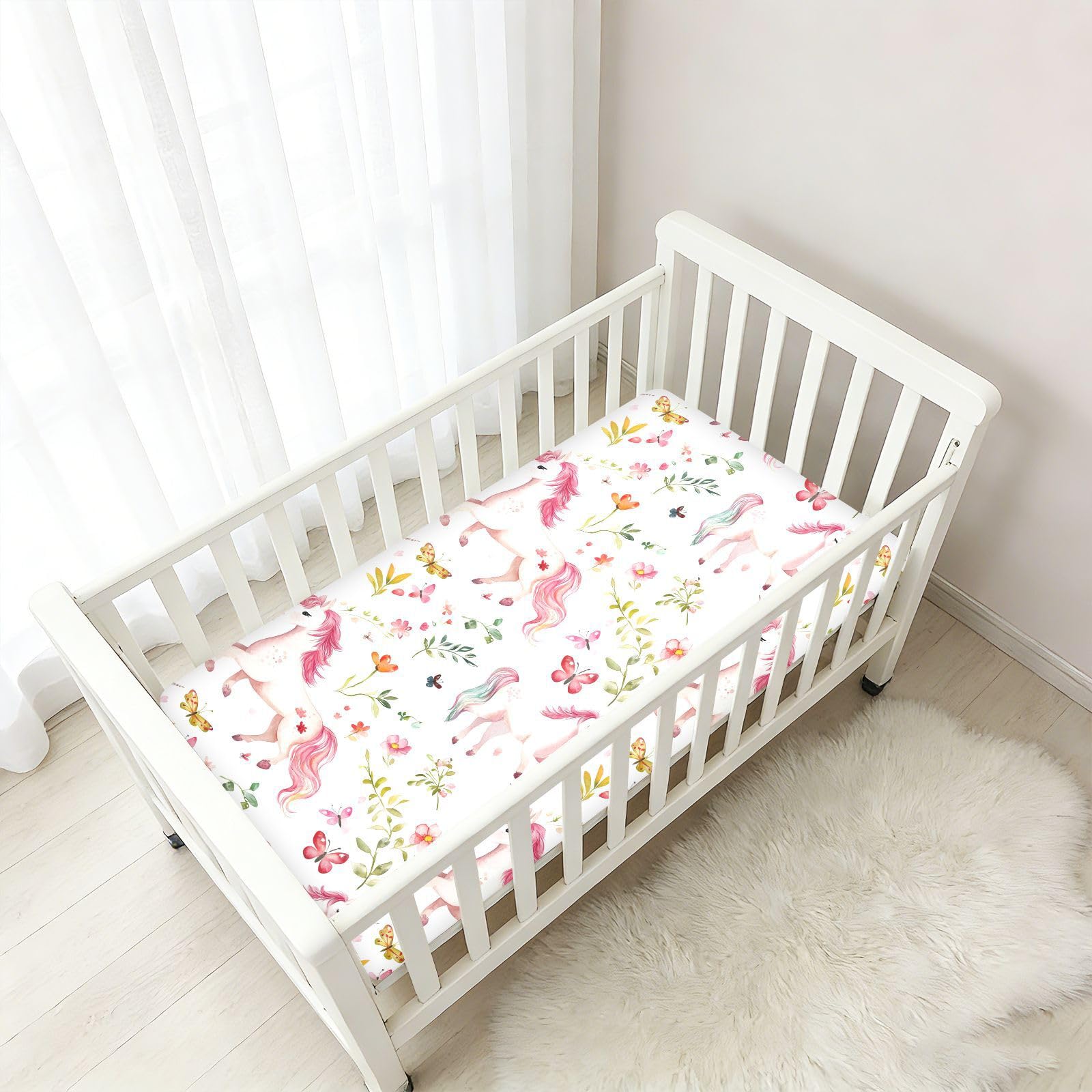 Lenzuola bianche per culla con unicorni dei cartoni animati per neonati e ragazze, in cotone morbido, elastico, in mussola, biancheria da letto per culla, per la decorazione della cameretta dei