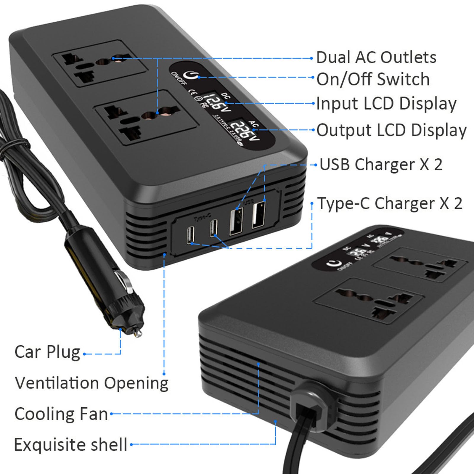 Cocoarm Inversor de Coche de 200 W CC a CA con Carga Rápida Dual
