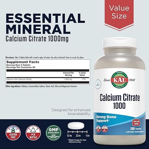 Miniatura 2 de KAL Citrato de calcio de 1000 mg, suplemento de calcio de alta potencia para la salud ósea, dientes fuertes, nervios, músculos y soporte de salud