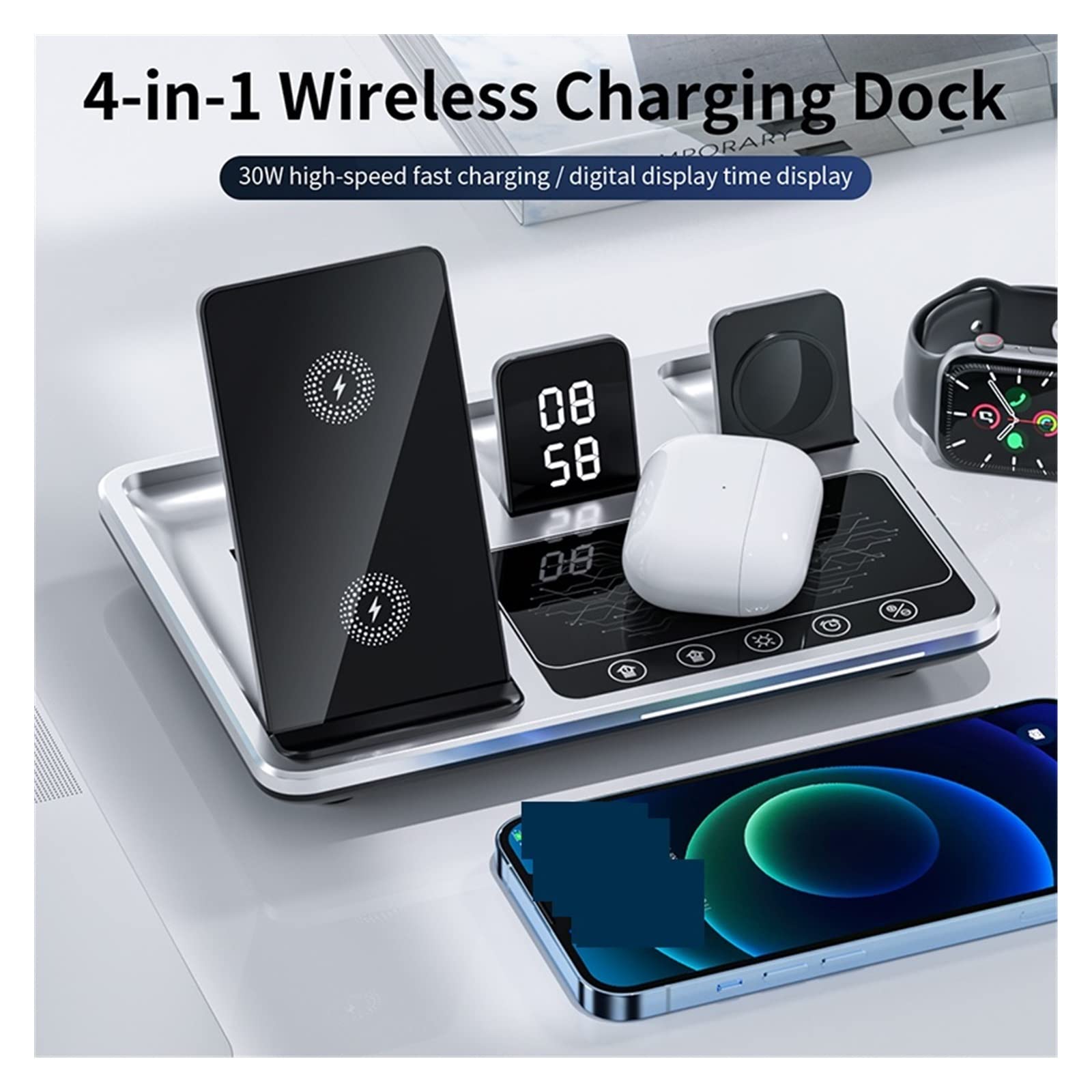 Ładowarka bezprzewodowa, Bezprzewodowa ładowarka 4 w 1 Stojak Alarm Czujnik dotykowy Wielofunkcyjny do telefonu Zegarek Słuchawki Stacja szybkiego ładowania 30w(Touch Sensor Version)