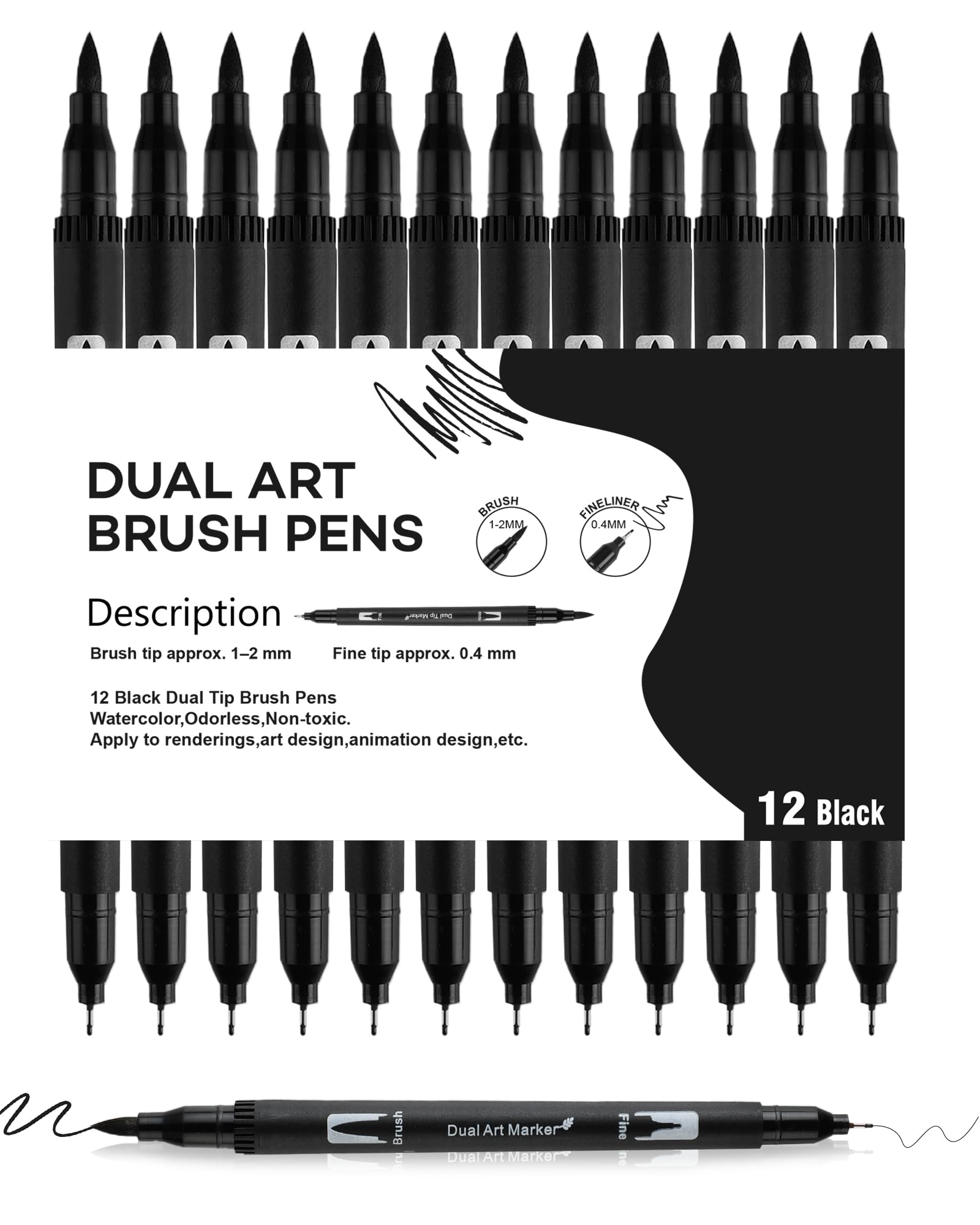 12 rotuladores negros, rotuladores lettering, rotuladores punta pincel doble punta – Ideal para dibujar, esbozar y pintar
