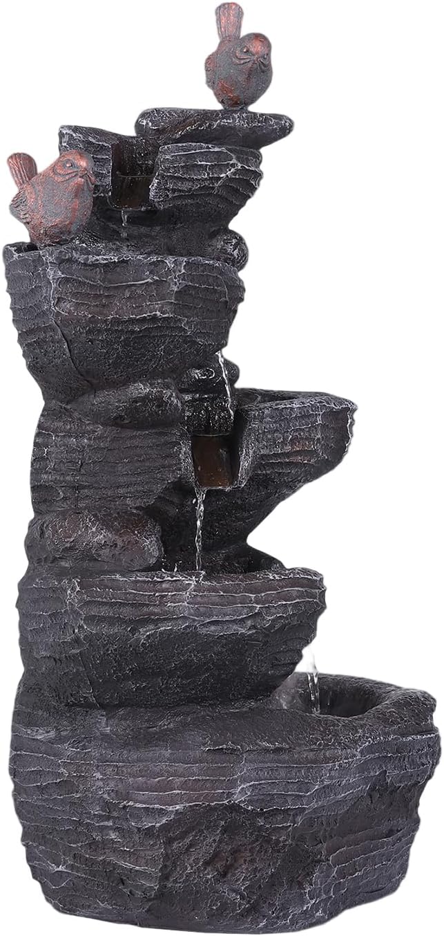 Cascading Water Fountain with LED Lights Resin Stone Imitation Waterfall Tabletop Water Fountain Relax Meditation Decor for Home Office