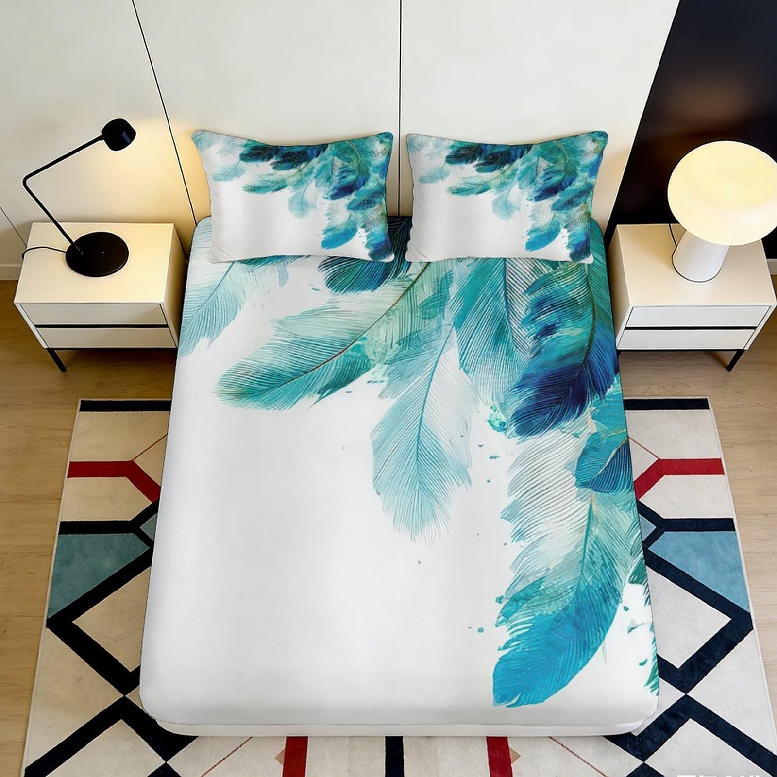 Uynsixtme Style-6 3D Printed Feather Pattern Fitted Sheet Soft Microfiber Deep Pocket Non-Slip Feather Mattress Fitted Cover For Bedroom 140X200x25cm