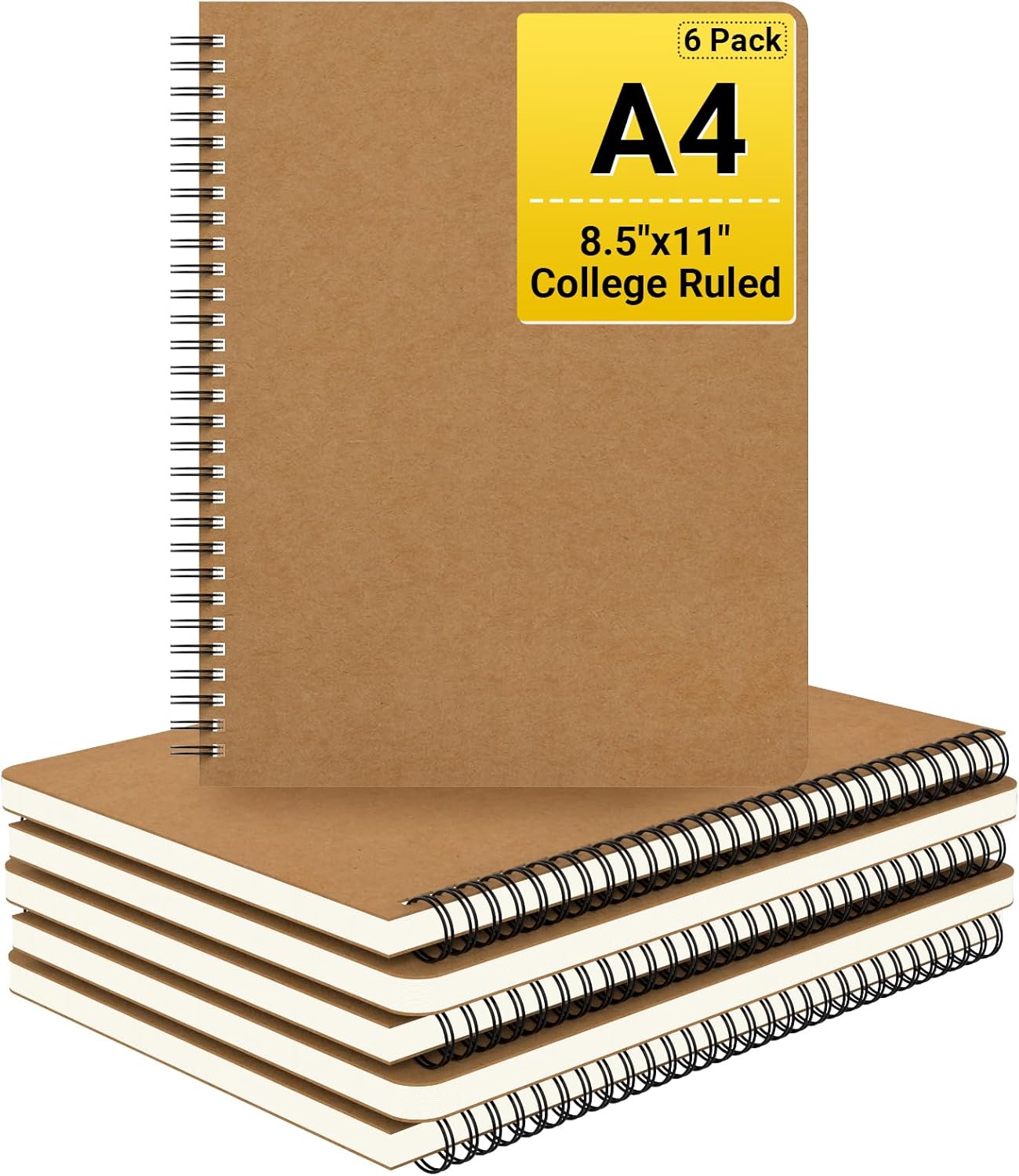 EUSOAR College Ruled Spiral Notebook, 6 Packs A4 11" x 8.5" Lined Journaling Notebooks, 120Pages/ 60Sheets Lined Composition Notebook for Women Men Student Office School Traveling Diary-Kraft