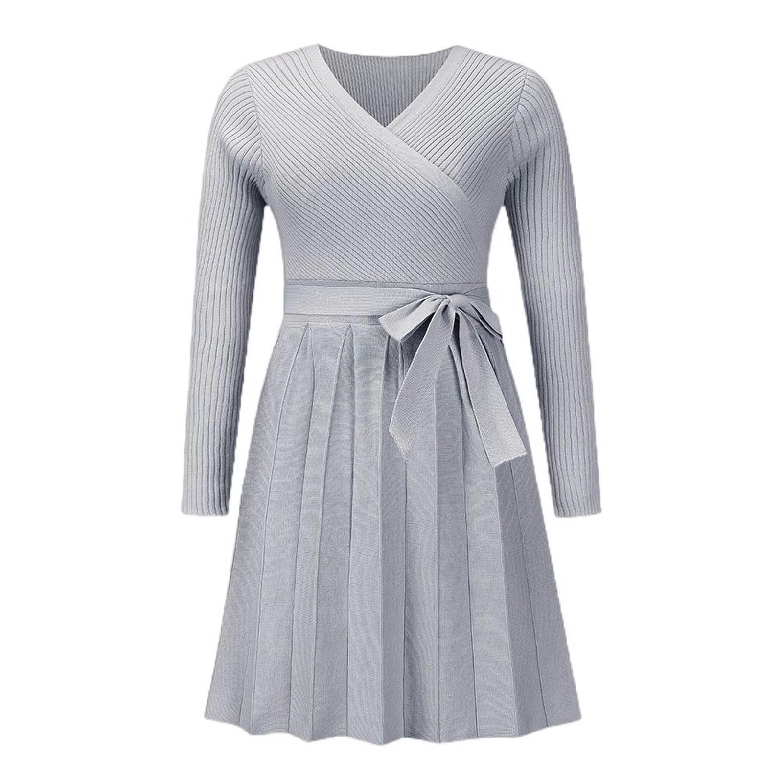 Robe pull col en V plissée pour affiner la silhouette en tricot confortable