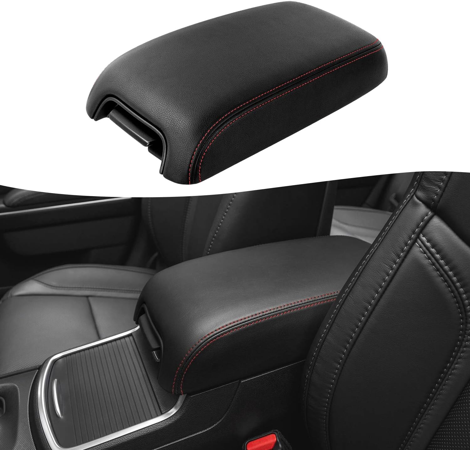 KBHCenter Console Armrest Cover Replacement for 2011 2012 2013 2014 2015 2016 2017 2018 2019 2020 Dodge Charger & Chrysler 300, Vinyl Leather, Anti-Scratch, Black-Red Stitch (No Lid)