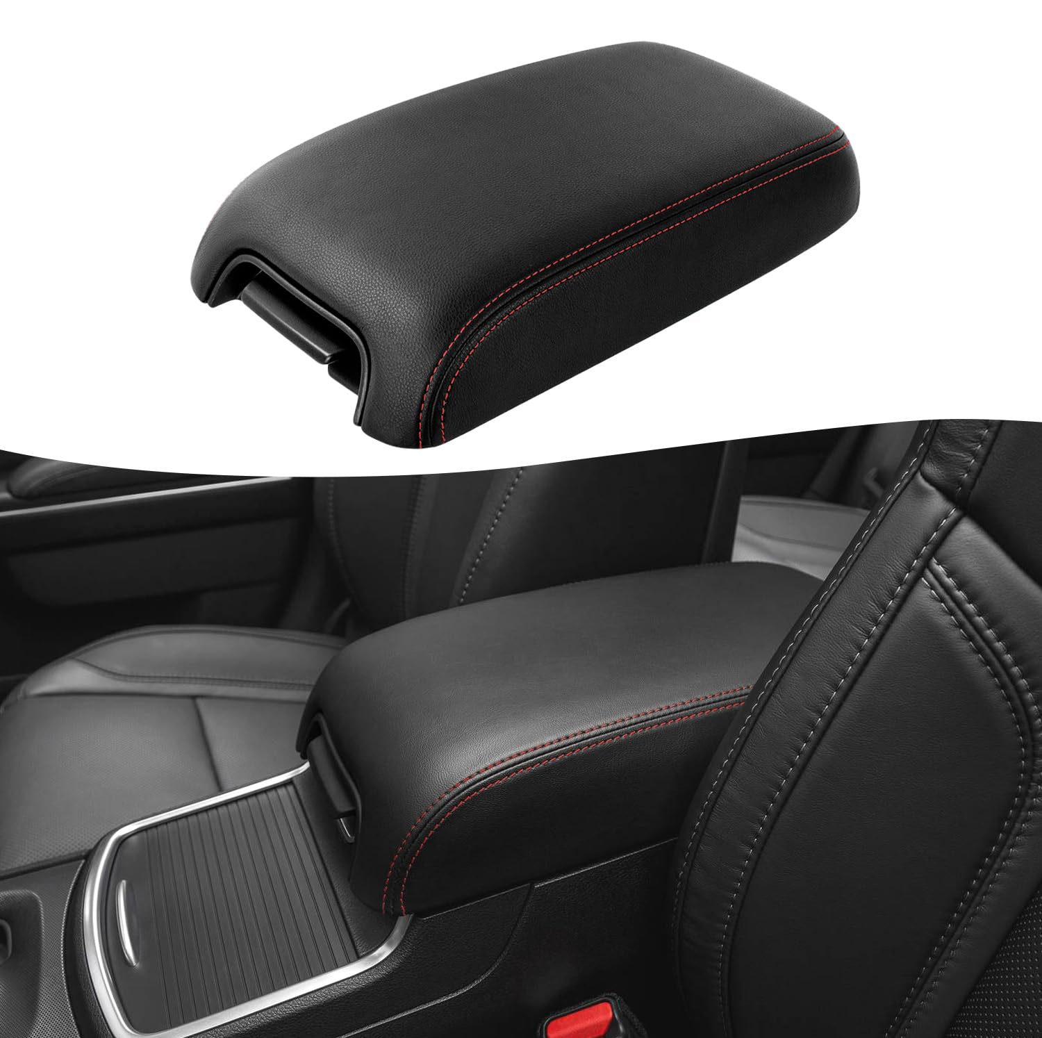 KBHCenter Console Armrest Cover Replacement for 2011 2012 2013 2014 2015 2016 2017 2018 2019 2020 Dodge Charger & Chrysler 300, Vinyl Leather, Anti-Scratch, Black-Red Stitch (No Lid)