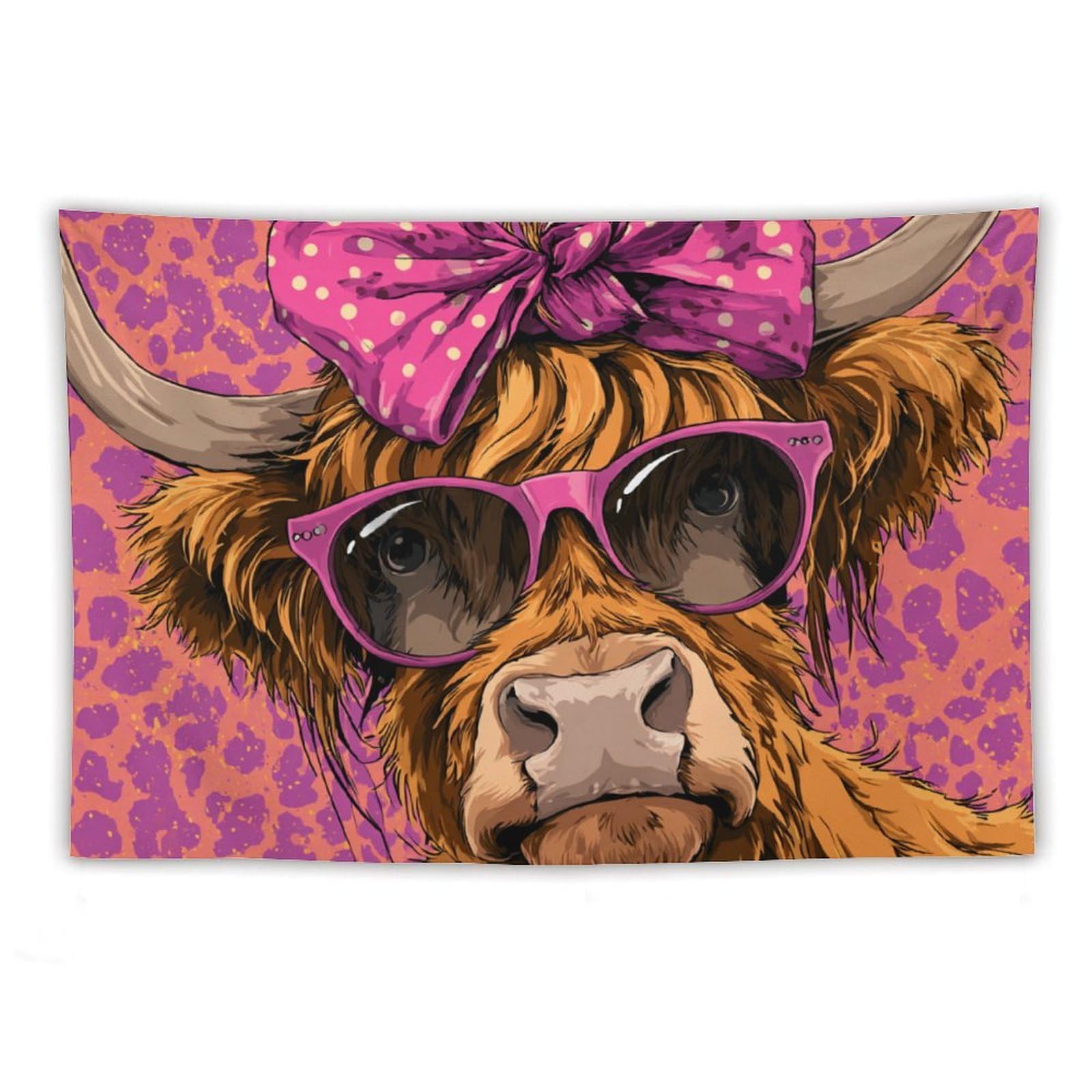 Jubonexis Funny Highland Cow Pink Bow Sunglasses Tapestry Polyester Aesthetic Wall Hanging Bedroom Living Room Dorm Decor 40"x60"