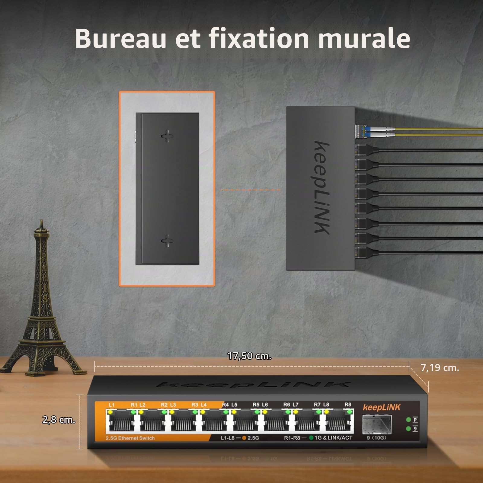 Switch Ethernet 2.5G 8 Ports, Switch Multi-Gigabit Non géré, Capacité de Commutation 60Gbps, Silencieux, sans Ventilateur, de Bureau / Montage Mural