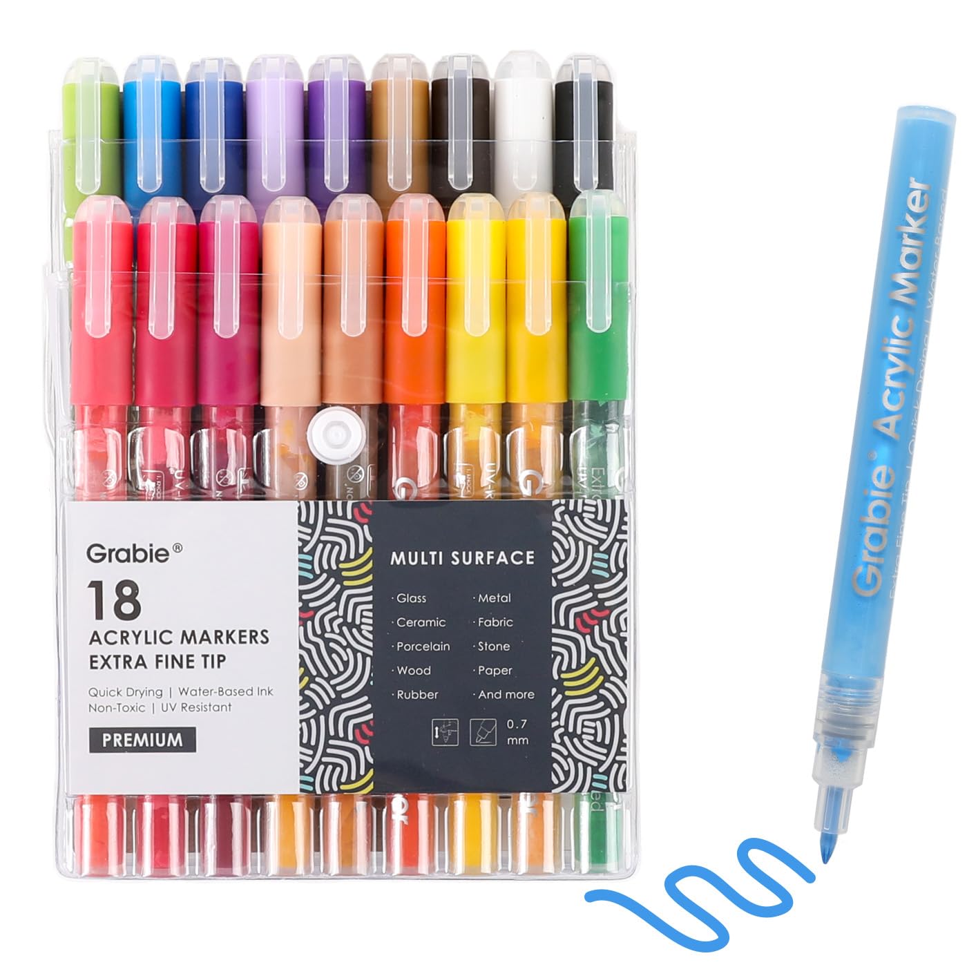 Grabie Pack of 18 Color Acrylic Paint Markers, 0.7mm Extra Fine Tip Pens | Precise Lines…