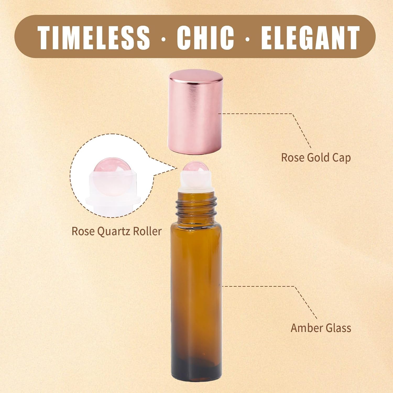 8 Pack Rose Quartz Roller Bottles for Essential Oils, 10ml Refillable Amber Glass Roll On Bottles with Natural Crystal Roller Balls, Leak-Proof Travel Perfume Bottle with Rose Gold Caps