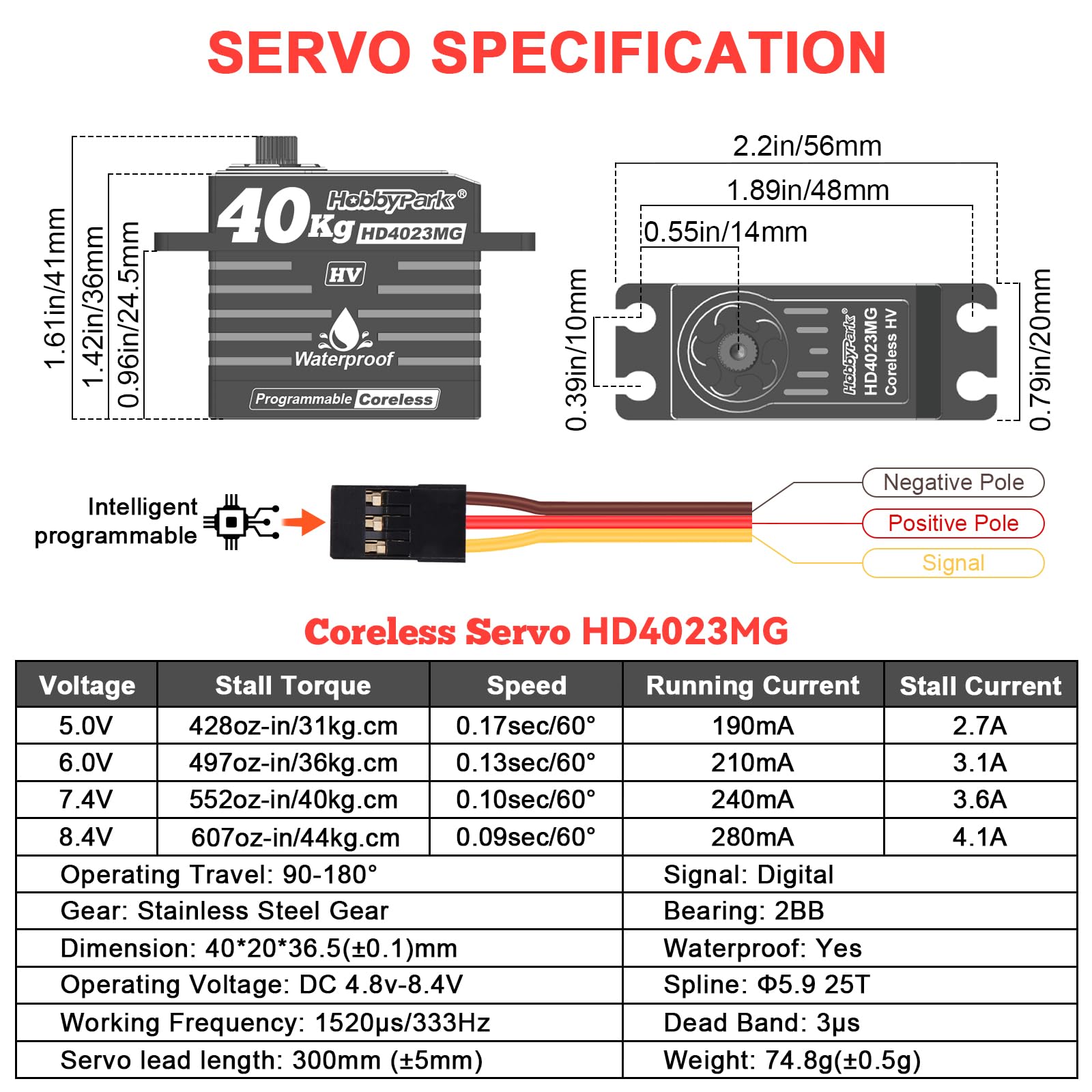 HobbyPark Impermeabile 40kg Digital High Torque RC Servos Coreless Motor RC Sterzo Servo Dimensioni Standard Full Metal Ingranaggi In Acciaio Inox Cassa in Alluminio per 1/8 1/10 RC Auto Camion