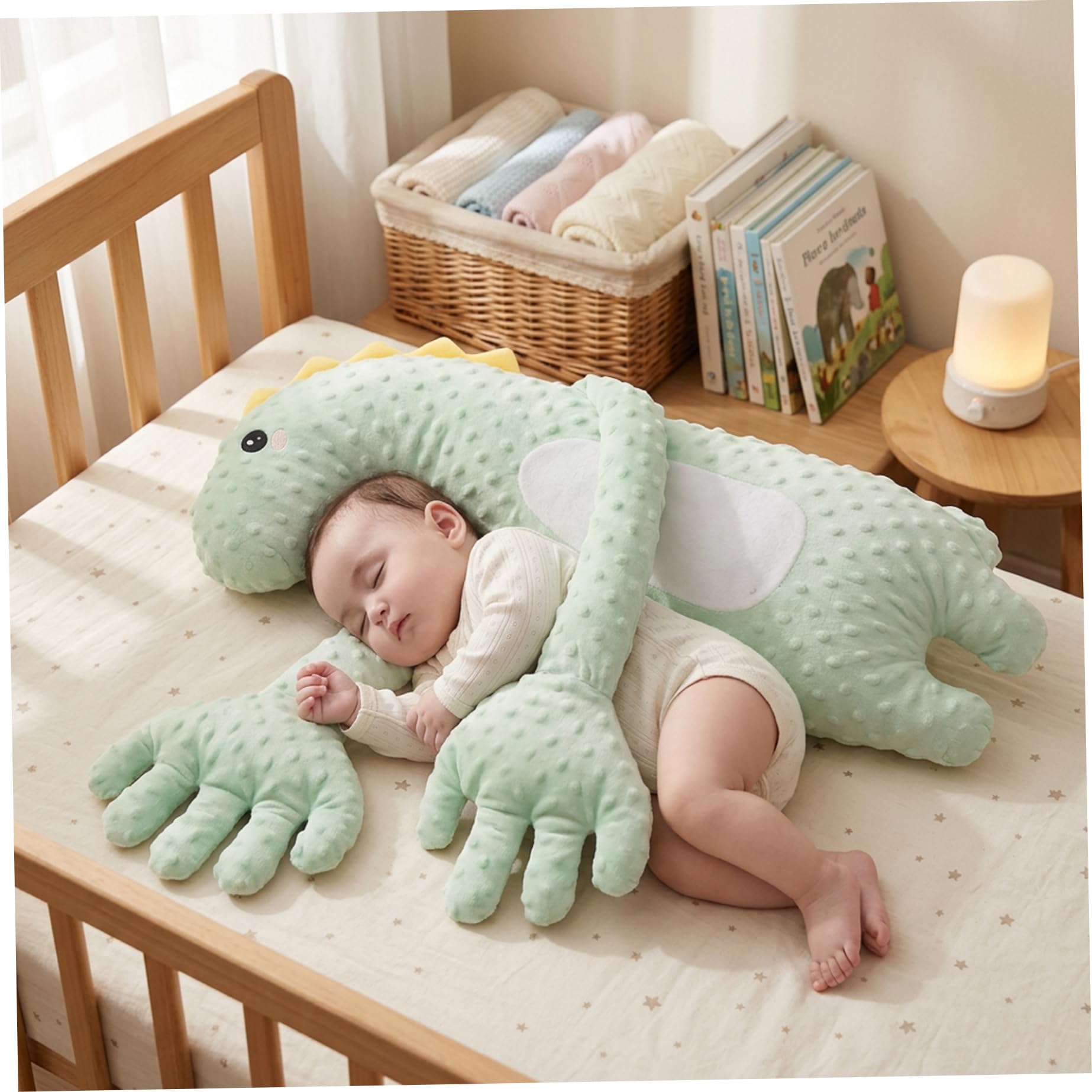 Che accarezza la mano per far dormire il bambino - Cuscino che accarezza il bambino con dinosauro verde Cuscino lenitivo intelligente con tocco delicato e timer, ausilio per sonno portatile dei ne