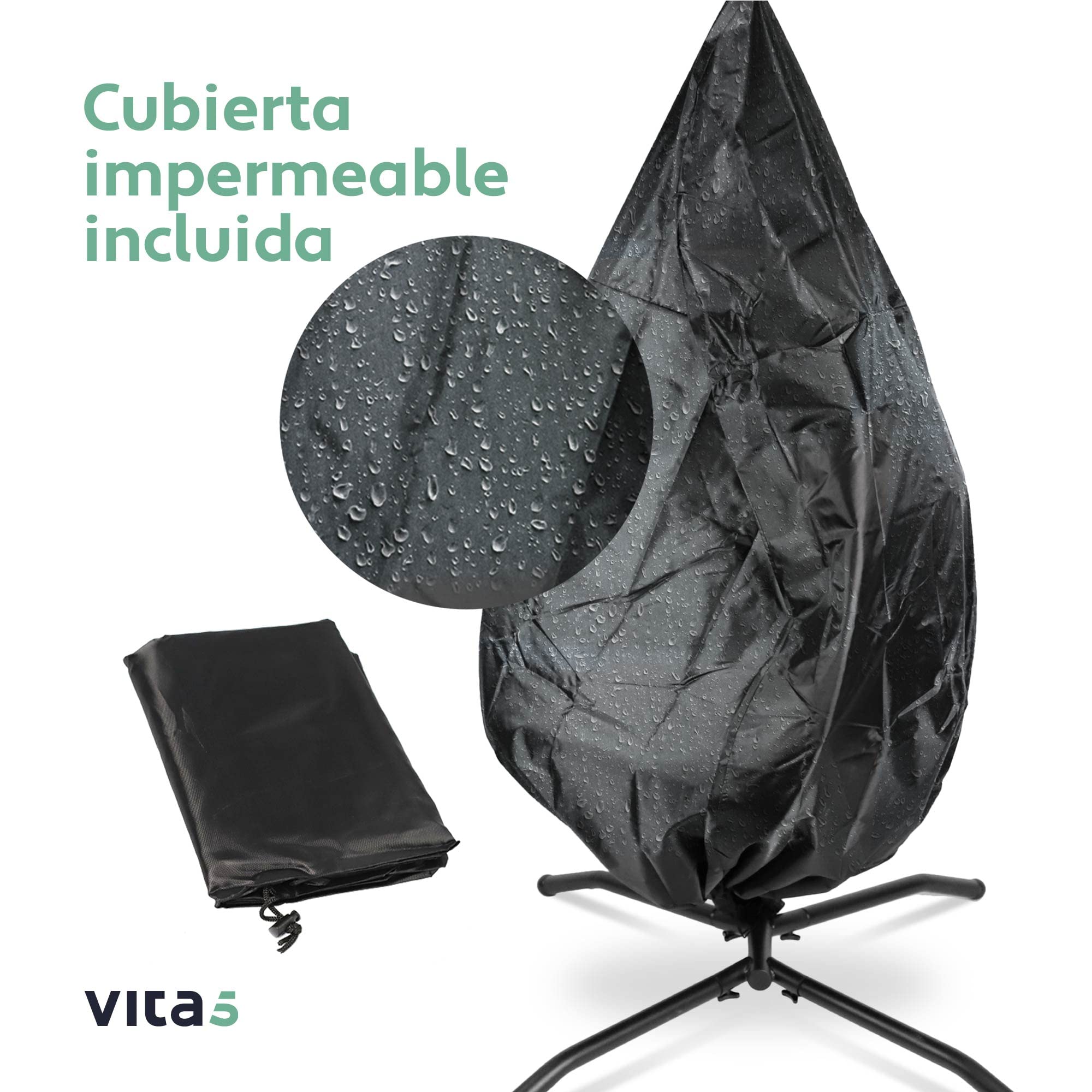 Vita5 Silla Colgante de Jardín – Silla Huevo con Cojìn y Almohadilla para Descansar - Columpio Colgante para Interior y Exterior - Silla Plegable - Estructura Metálica Carga máx. 150 kg - Beige-Marrón