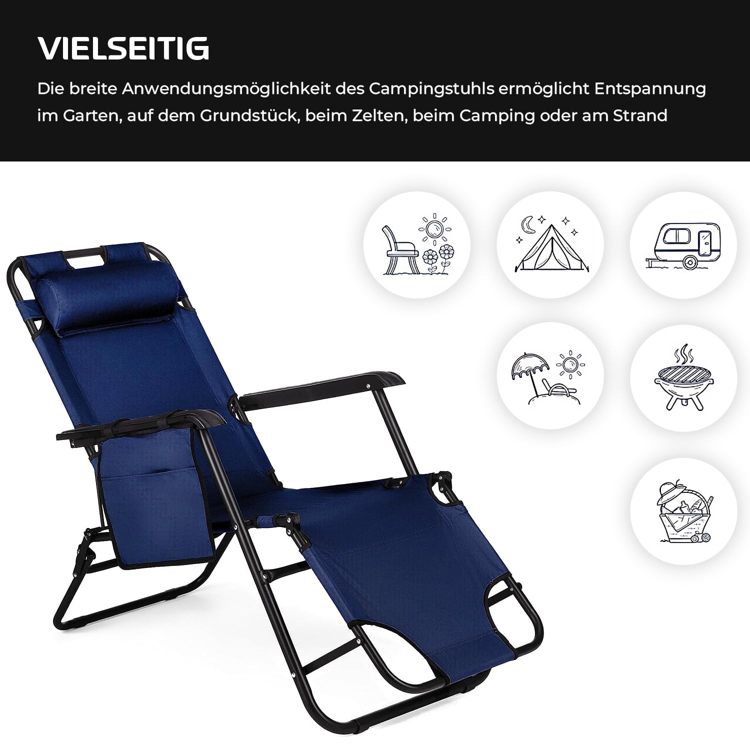 Inklapbare ligstoel met kussen, ergonomische ligstoel voor tuin en terras, 7-voudig verstelbare rugleuning, outdoor relaxstoel tot 150 kg, tuinstoel voor balkon en terras (zwart