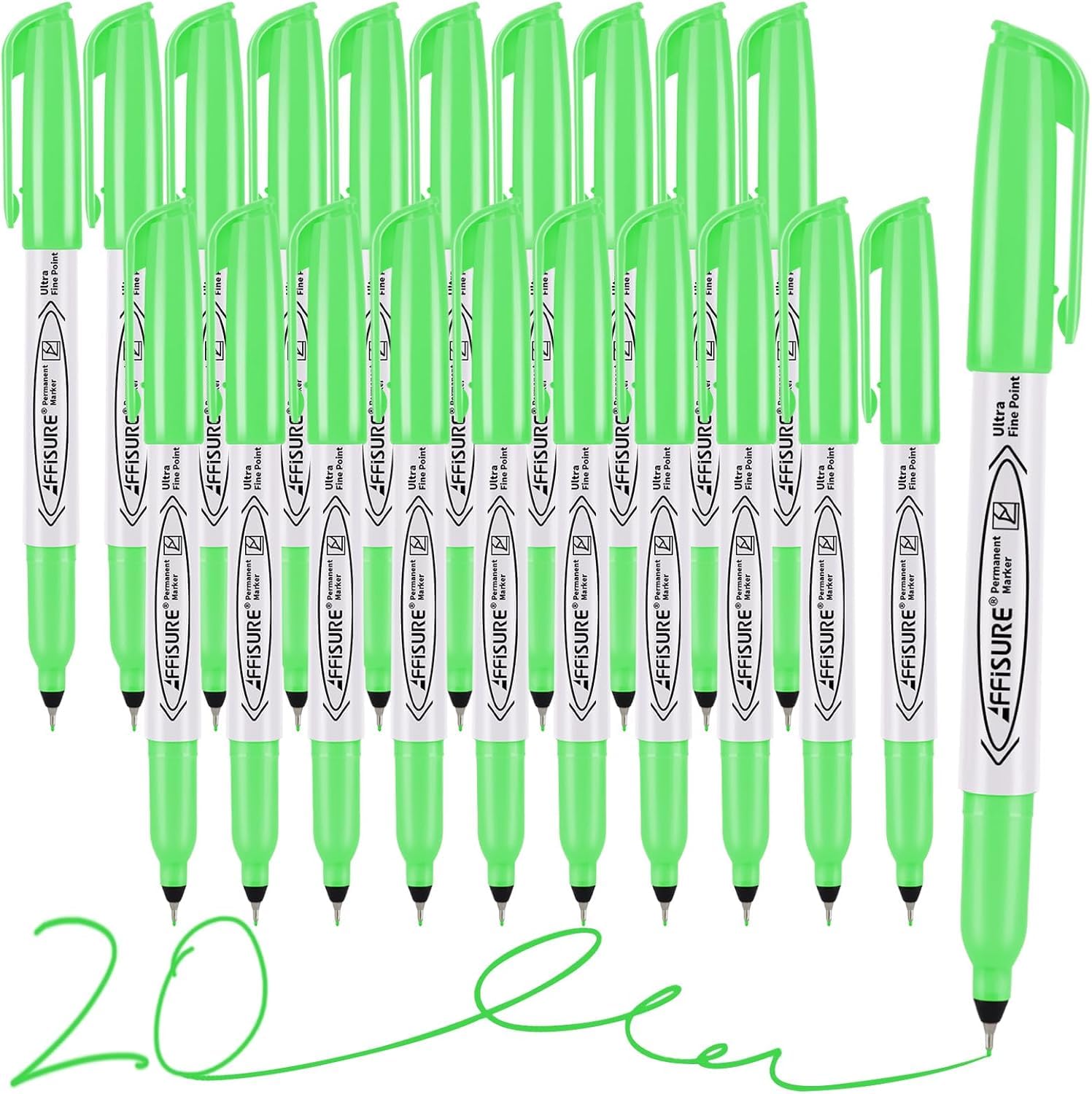 Green Ultra Fine Point Permanent Markers, 20 Pack, 0.4 mm, Precision Extra Fine Tip for Detailed Writing, Art, Crafts &amp; Labeling on Paper, Plastic, Glass, Metal, Waterproof, Fade-Resistant Ink