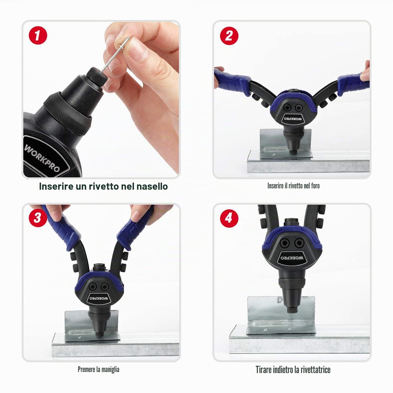WORKPRO Rivettatrice Manuale con 5 Teste Intercambiabili, Pistola a Rivetti per Installazione Mobili