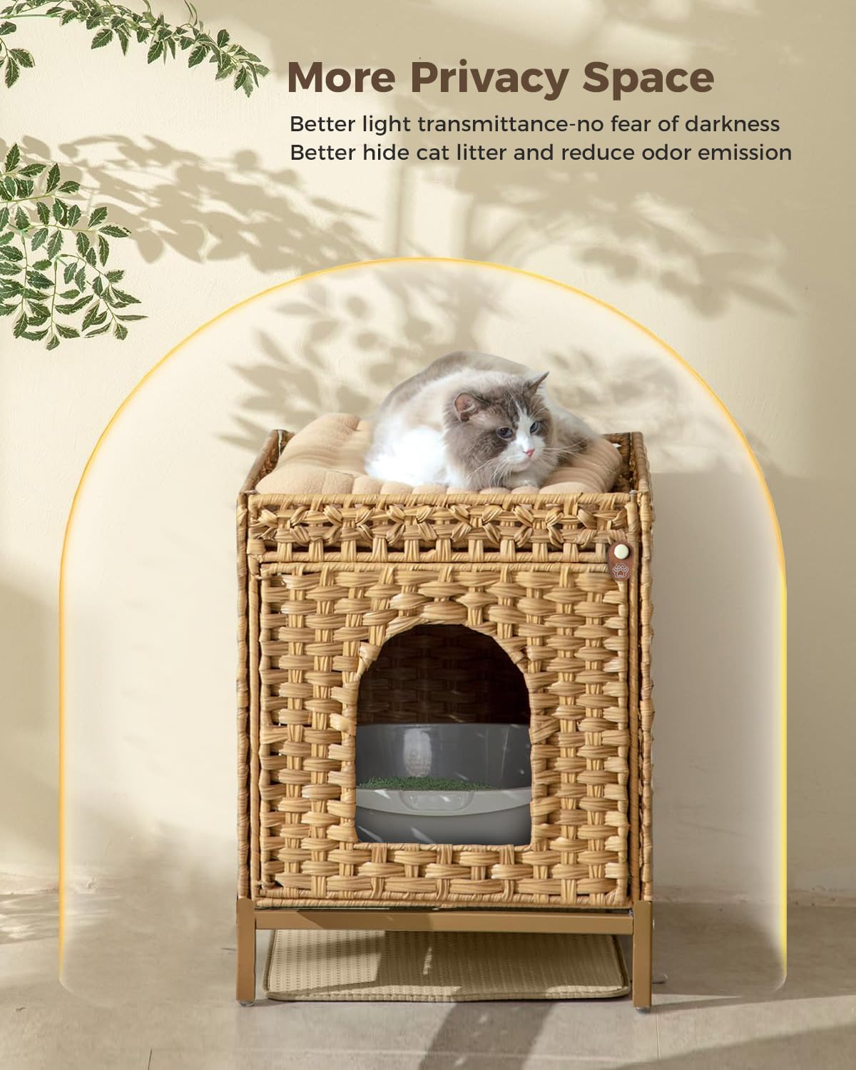 Mueble arenero Gatos Casa para Gatos, Muebles Ocultos con Patas de Metal elevadas, casa de ratán Trenzado a Mano con 2 Alfombra arenero Gato, 52 x 47 x 57 cm, Color Natural