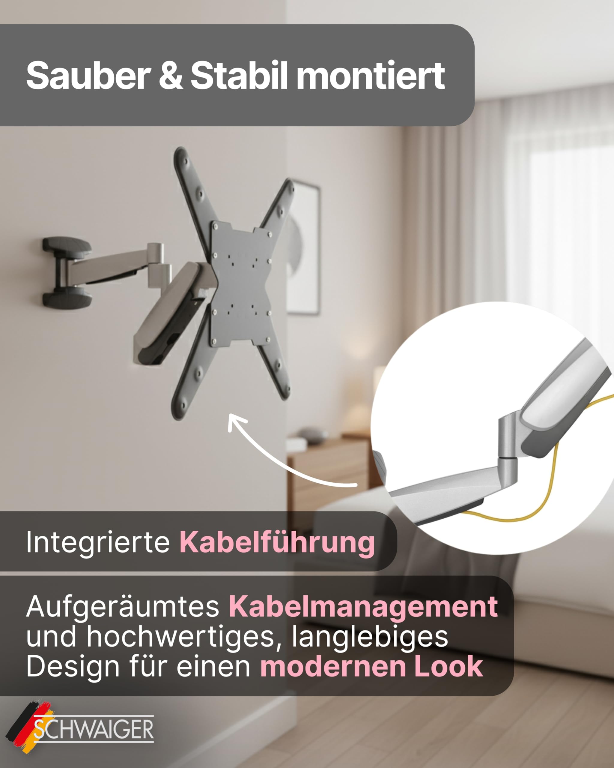 SCHWAIGER TV-Wandhalter Full Motion 1 I 23-55 Zoll Fernseherhalterung I neigbar, schwenkbar, drehbar & höhenverstellbar I Montageset für Flachbildschirme I TV-Halterung mit integrierter Kabelführung