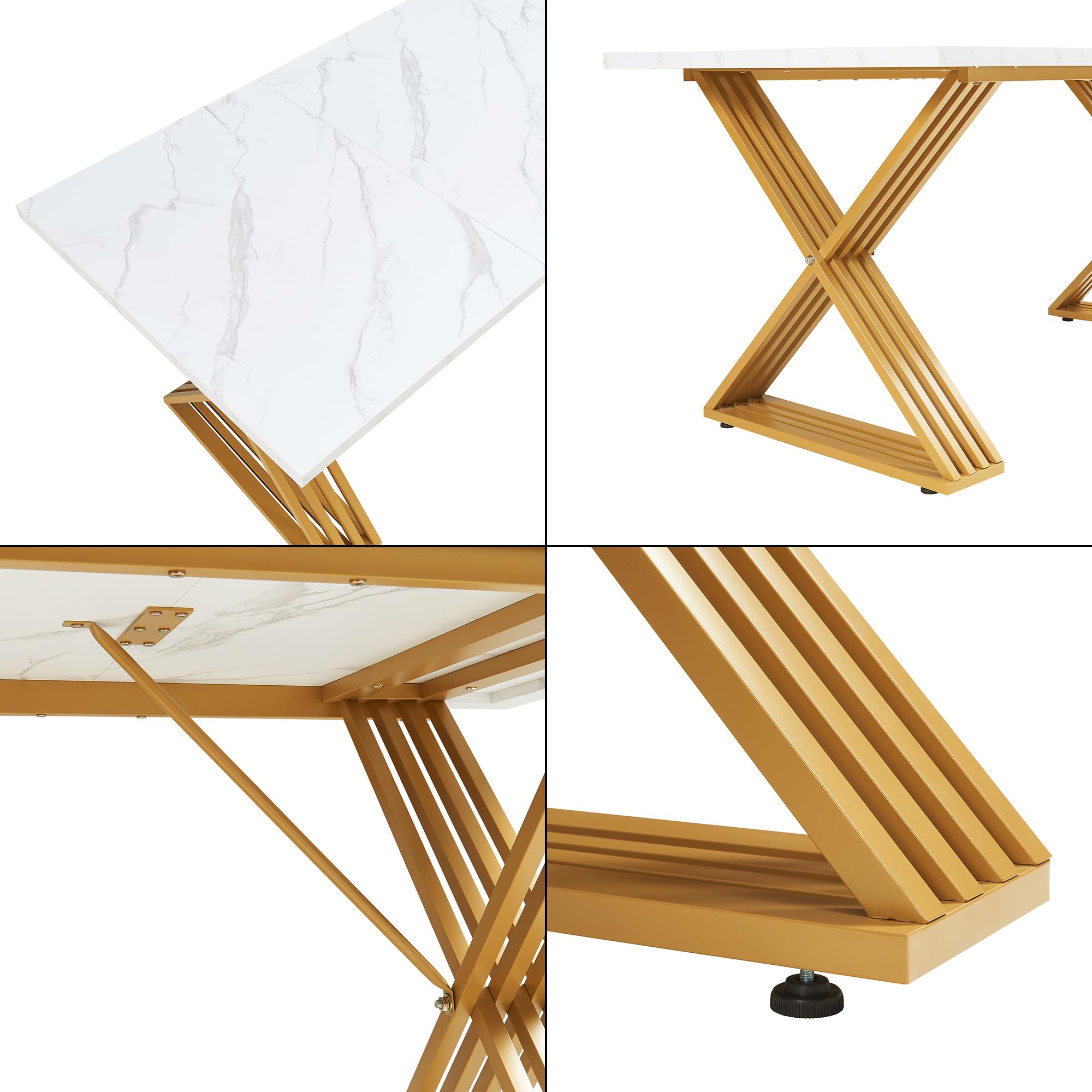 [en.casa] Tavolo da Pranzo fino a 6 Posti con Gambe a X in Metallo Dorato Tavolo Elegante per Sala da Pranzo Cucina 180x80x75 cm Effetto Marmo Bianco