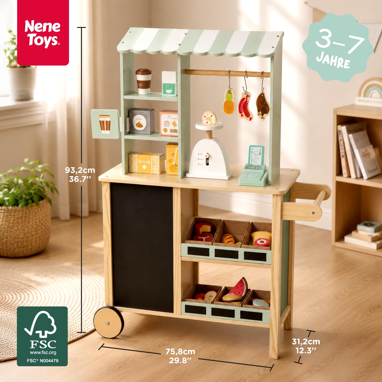 Nene Toys Kaufladen aus Holz – All-in-One Marktstand Supermarkt für Kinder mit Kasse, Waage, Kreidetafel, Hängestange, Fächern & Rollen – Wendeseite mit Ofen – Geschenkidee ab 3 Jahren – FSC-Holz