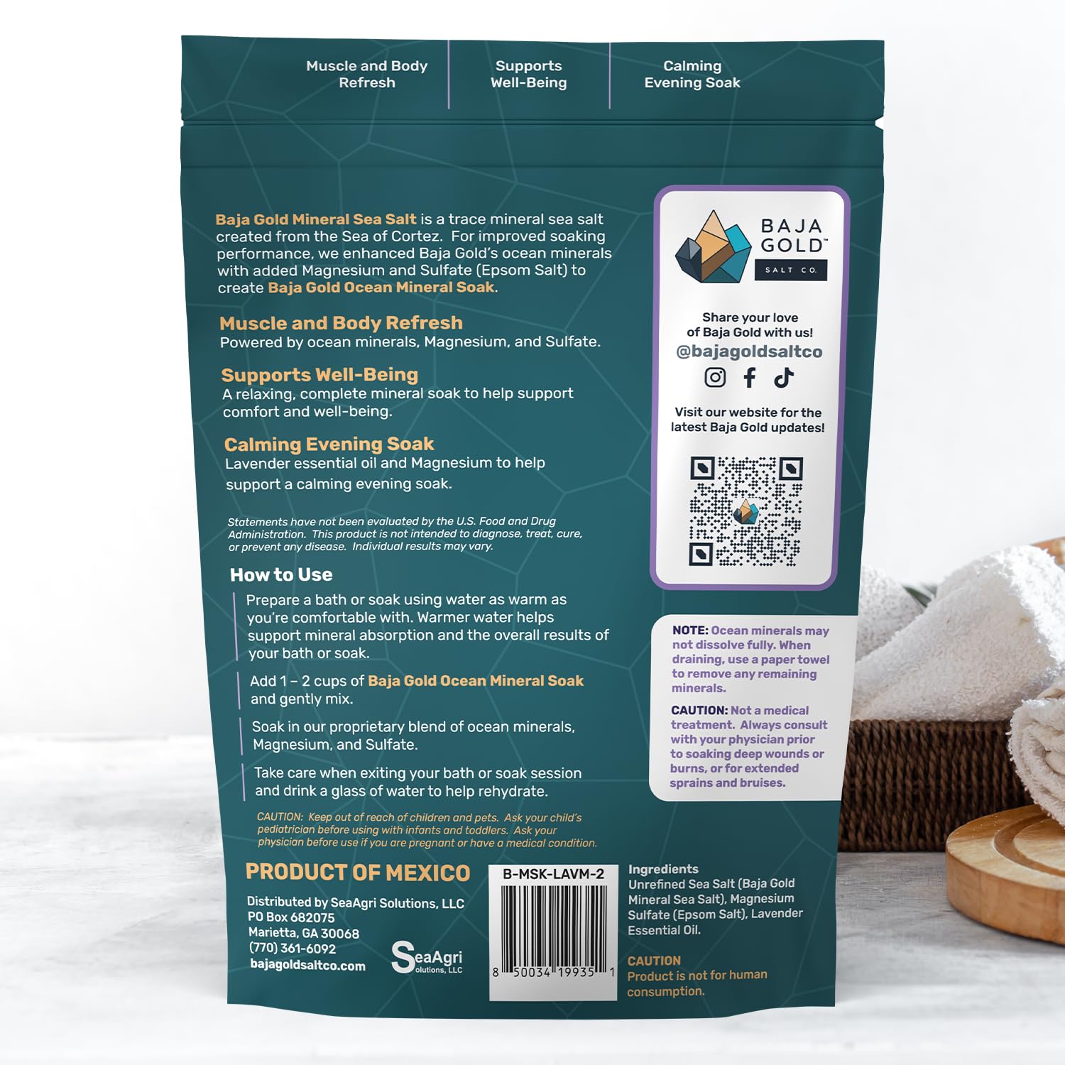 Baja Gold Ocean Mineral Soak, magnesio bagno ammollo, lavanda, sacco da 0,9 kg | Magnesio naturale e oligoelementi oceanici per bagno e relax, vegano, ingredienti puliti, opzioni multiple di profumo