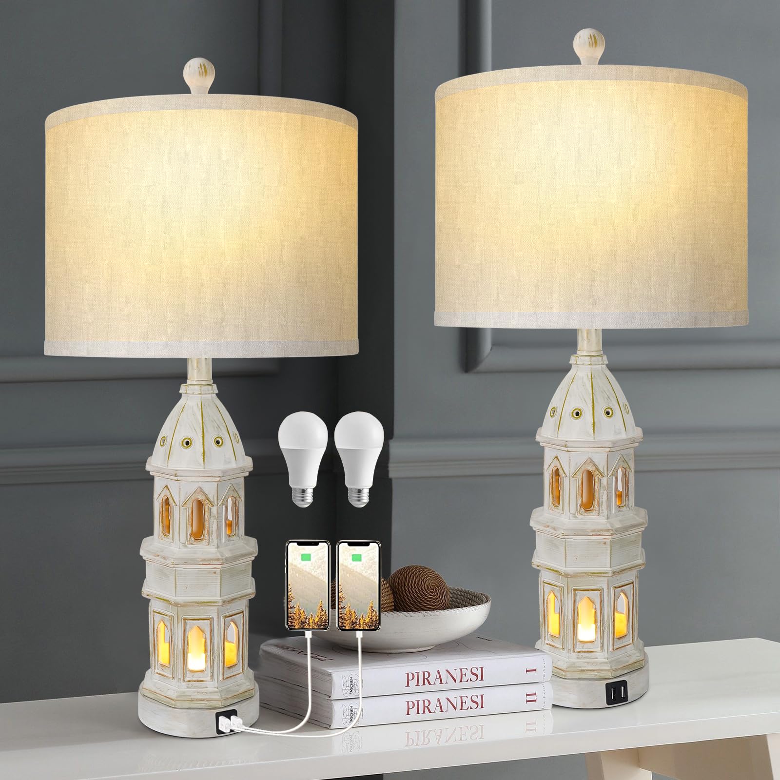 VELXEE Farmhouse Table Lamps Set of 2, Vintage Bedside Lamp with Dual USB Port, 4 Way Dimmable Antique White Resin Retro Nightstand Lamps for Living Room, Bedroom Office Hotel(2 LED Bulb Included)