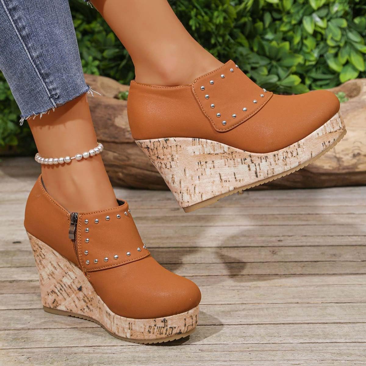 Wedge Heels for Women Closed Toe Wedges Side Zipper Studded Platform Wedge Booties Short Ankle Boots with Studs Dressy Casual