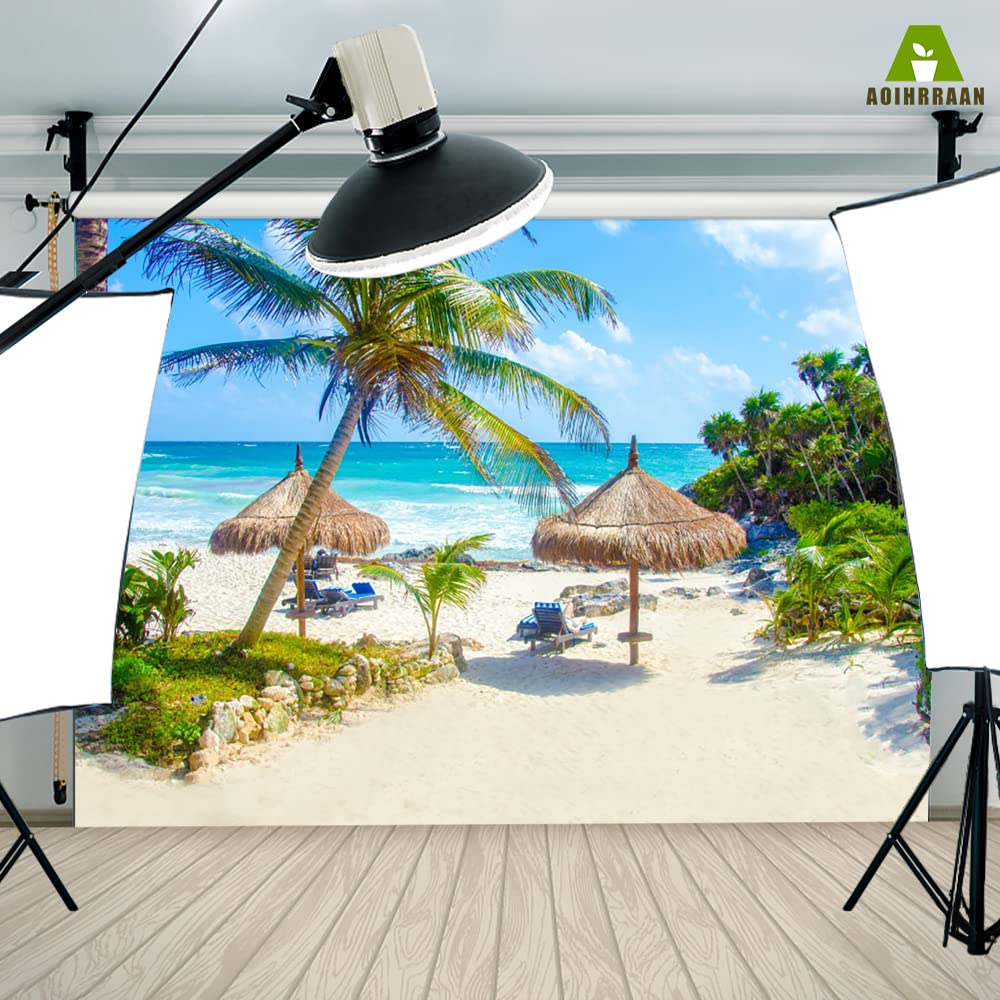 Aoihrraan 3x2m Toile de Fond de Plage Tropicale Été Bord de Mer Palmier Océan Scène Photographie Fond Shoots de Mariage Camp d'été Décor de Fête Anniversaire de Bébé Douche Nuptiale Photo Prop